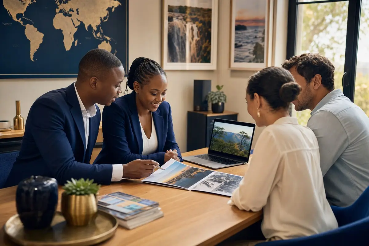 Virtcruise travel consultants assisting customers in the office