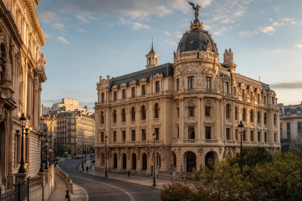 Grand historic architecture on a European city boulevard