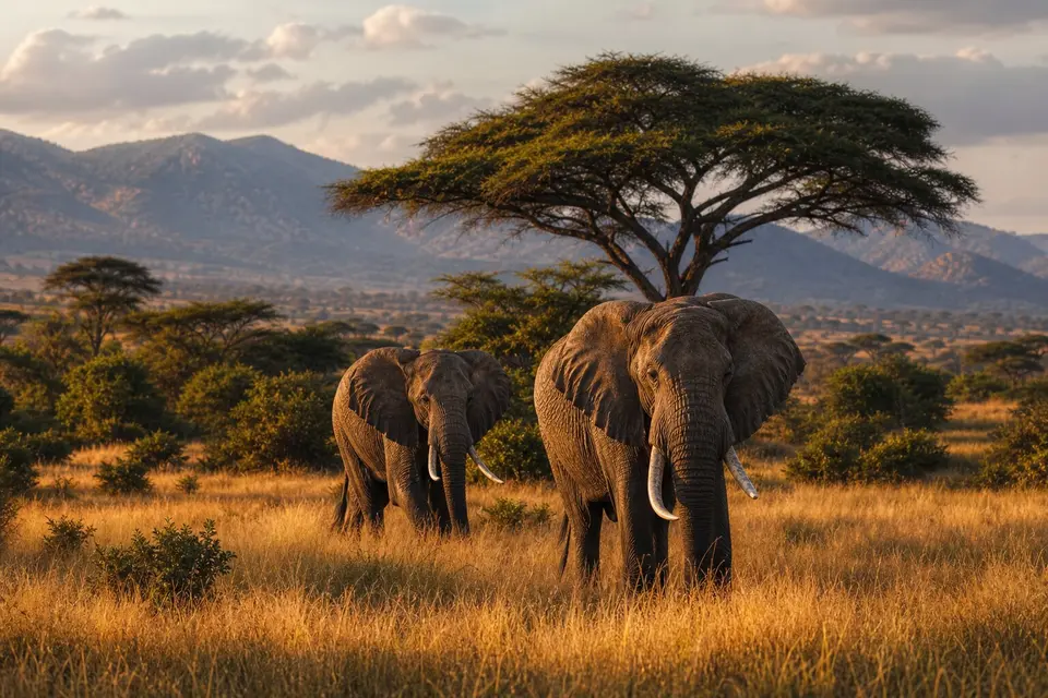 Elephants crossing Zimbabwean savanna at golden hour