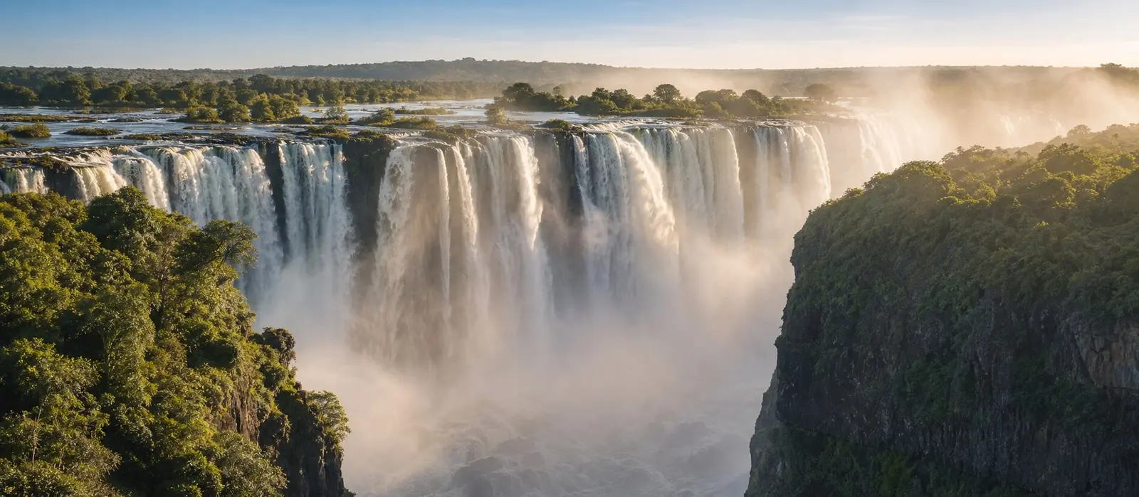 Panoramic view of Victoria Falls cascading into its misty gorge